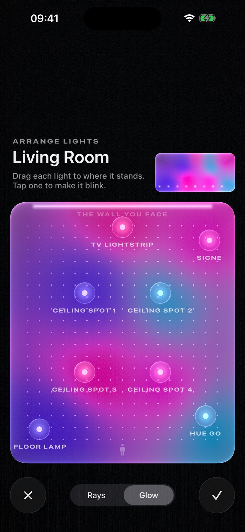 Placing lamps: the room seen from above, each lamp a glowing dot you can drag.