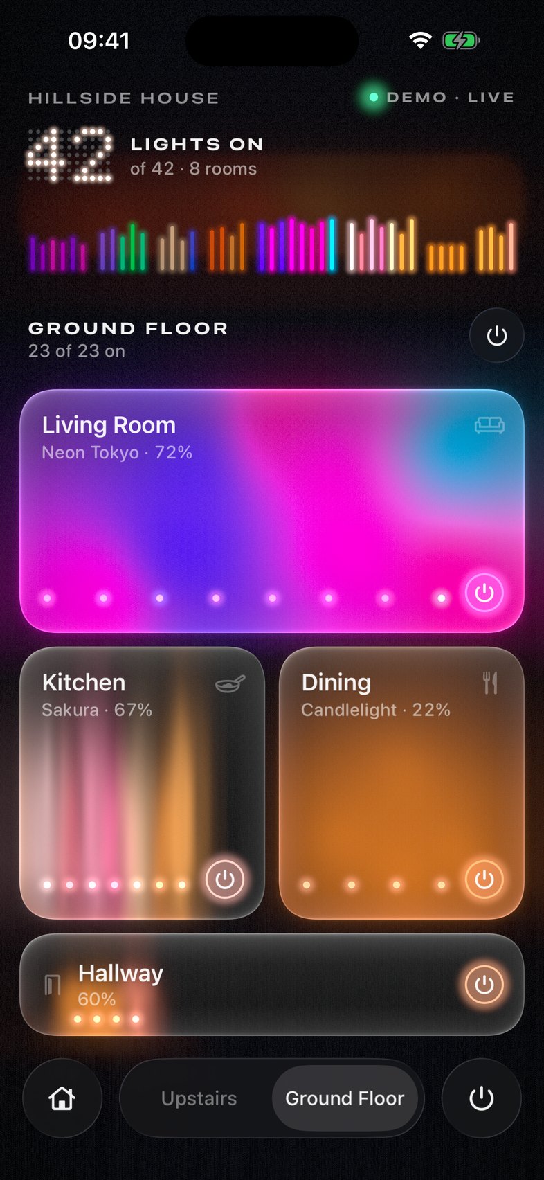 The home screen. Each room is a glass tile glowing in the colours of its lights.