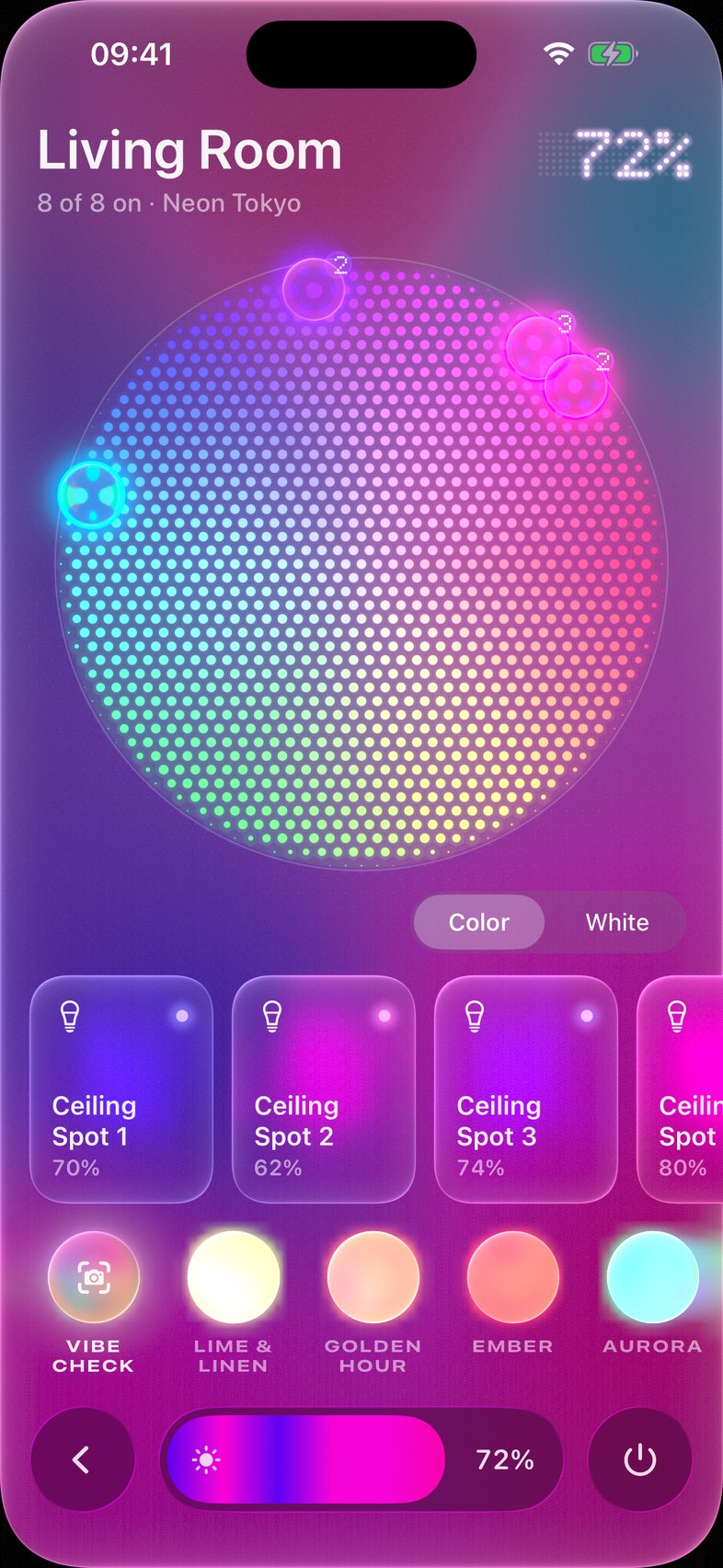 A room opened: its lamps as glowing points on a colour wheel, with scenes below.