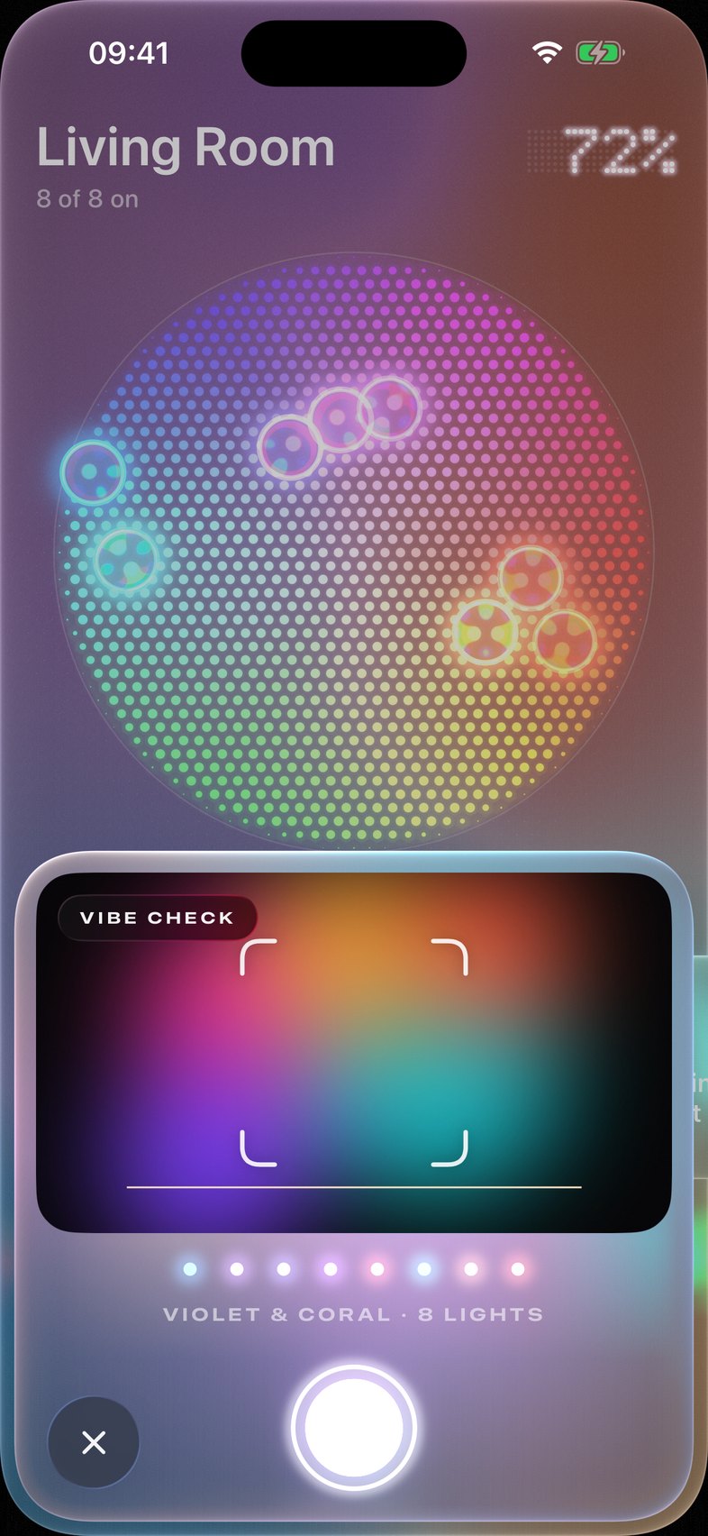 Vibe check in a room: the camera at the bottom, the colours it found shown as a row of lights.